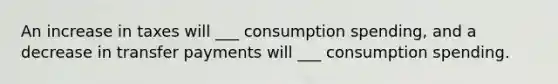 An increase in taxes will ___ consumption spending, and a decrease in transfer payments will ___ consumption spending.