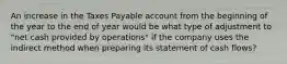 An increase in the Taxes Payable account from the beginning of the year to the end of year would be what type of adjustment to​ "net cash provided by​ operations" if the company uses the indirect method when preparing its statement of cash​ flows?