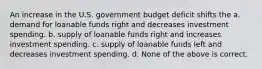 An increase in the U.S. government budget deficit shifts the a. demand for loanable funds right and decreases investment spending. b. supply of loanable funds right and increases investment spending. c. supply of loanable funds left and decreases investment spending. d. None of the above is correct.