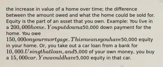 the increase in value of a home over time; the difference between the amount owed and what the home could be sold for. Equity is the part of an asset that you own. Example: You live in a 200,000 home. You put down a50,000 down payment for the home. You owe 150,000 on your mortgage. This means you have50,000 equity in your home. Or, you take out a car loan from a bank for 10,000. Using that loan, and5,000 of your own money, you buy a 15,000 car. You would have5,000 equity in that car.