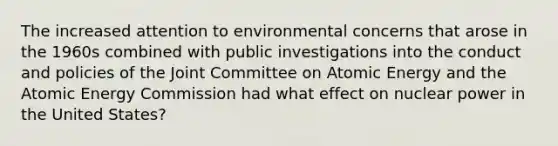 The increased attention to environmental concerns that arose in the 1960s combined with public investigations into the conduct and policies of the Joint Committee on Atomic Energy and the Atomic Energy Commission had what effect on nuclear power in the United States?