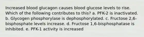 Increased blood glucagon causes blood glucose levels to rise. Which of the following contributes to this? a. PFK-2 is inactivated. b. Glycogen phosphorylase is dephosphorylated. c. Fructose 2,6-bisphosphate levels increase. d. Fructose 1,6-bisphosphatase is inhibited. e. PFK-1 activity is increased