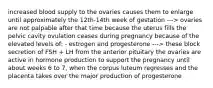 increased blood supply to the ovaries causes them to enlarge until approximately the 12th-14th week of gestation ---> ovaries are not palpable after that time because the uterus fills the pelvic cavity ovulation ceases during pregnancy because of the elevated levels of: - estrogen and progesterone ---> these block secretion of FSH + LH from the anterior pituitary the ovaries are active in hormone production to support the pregnancy until about weeks 6 to 7, when the corpus luteum regresses and the placenta takes over the major production of progesterone