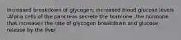 Increased breakdown of glycogen; increased blood glucose levels -Alpha cells of the pancreas secrete the hormone -the hormone that increases the rate of glycogen breakdown and glucose release by the liver