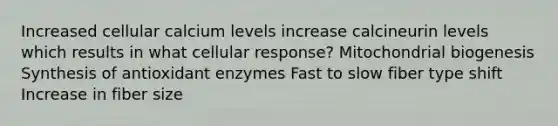 Increased cellular calcium levels increase calcineurin levels which results in what cellular response? Mitochondrial biogenesis Synthesis of antioxidant enzymes Fast to slow fiber type shift Increase in fiber size