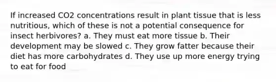 If increased CO2 concentrations result in plant tissue that is less nutritious, which of these is not a potential consequence for insect herbivores? a. They must eat more tissue b. Their development may be slowed c. They grow fatter because their diet has more carbohydrates d. They use up more energy trying to eat for food