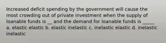 Increased deficit spending by the government will cause the most crowding out of private investment when the supply of loanable funds is __ and the demand for loanable funds is _____ a. elastic elastic b. elastic inelastic c. inelastic elastic d. inelastic inelastic