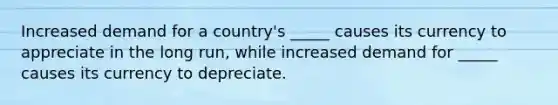 Increased demand for a country's _____ causes its currency to appreciate in the long run, while increased demand for _____ causes its currency to depreciate.