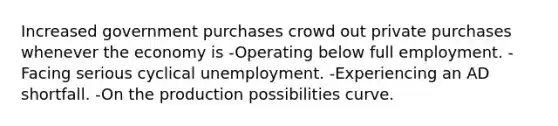 Increased government purchases crowd out private purchases whenever the economy is -Operating below full employment. -Facing serious cyclical unemployment. -Experiencing an AD shortfall. -On the production possibilities curve.