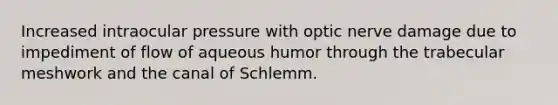 Increased intraocular pressure with optic nerve damage due to impediment of flow of aqueous humor through the trabecular meshwork and the canal of Schlemm.