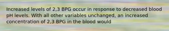 Increased levels of 2,3 BPG occur in response to decreased blood pH levels. With all other variables unchanged, an increased concentration of 2,3 BPG in the blood would