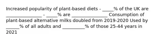 Increased popularity of plant-based diets - _____% of the UK are ________________ - _____% are ________________ Consumption of plant-based alternative milks doubled from 2019-2020 Used by ______% of all adults and __________% of those 25-44 years in 2021