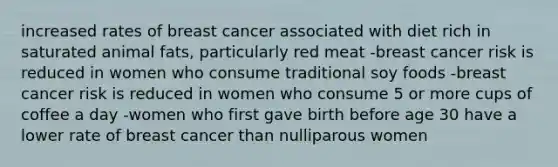 increased rates of breast cancer associated with diet rich in saturated animal fats, particularly red meat -breast cancer risk is reduced in women who consume traditional soy foods -breast cancer risk is reduced in women who consume 5 or more cups of coffee a day -women who first gave birth before age 30 have a lower rate of breast cancer than nulliparous women