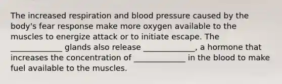 The increased respiration and blood pressure caused by the body's fear response make more oxygen available to the muscles to energize attack or to initiate escape. The _____________ glands also release _____________, a hormone that increases the concentration of _____________ in the blood to make fuel available to the muscles.