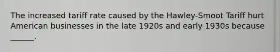 The increased tariff rate caused by the Hawley-Smoot Tariff hurt American businesses in the late 1920s and early 1930s because ______.