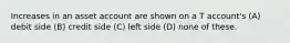 Increases in an asset account are shown on a T account's (A) debit side (B) credit side (C) left side (D) none of these.