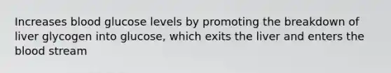 Increases blood glucose levels by promoting the breakdown of liver glycogen into glucose, which exits the liver and enters the blood stream