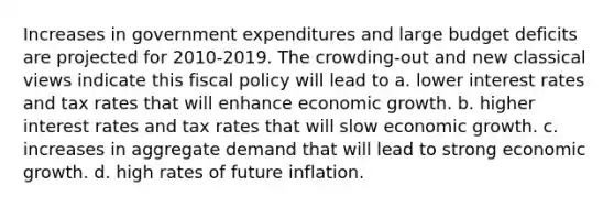 Increases in government expenditures and large budget deficits are projected for 2010-2019. The crowding-out and new classical views indicate this fiscal policy will lead to a. lower interest rates and tax rates that will enhance economic growth. b. higher interest rates and tax rates that will slow economic growth. c. increases in aggregate demand that will lead to strong economic growth. d. high rates of future inflation.