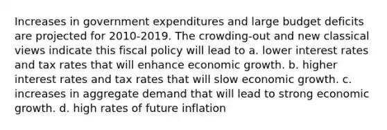 Increases in government expenditures and large budget deficits are projected for 2010-2019. The crowding-out and new classical views indicate this fiscal policy will lead to a. lower interest rates and tax rates that will enhance economic growth. b. higher interest rates and tax rates that will slow economic growth. c. increases in aggregate demand that will lead to strong economic growth. d. high rates of future inflation