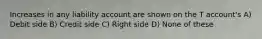 Increases in any liability account are shown on the T account's A) Debit side B) Credit side C) Right side D) None of these