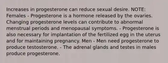 Increases in progesterone can reduce sexual desire. NOTE: Females - Progesterone is a hormone released by the ovaries. Changing progesterone levels can contribute to abnormal menstrual periods and menopausal symptoms. - Progesterone is also necessary for implantation of the fertilized egg in the uterus and for maintaining pregnancy. Men - Men need progesterone to produce testosterone. - The adrenal glands and testes in males produce progesterone.