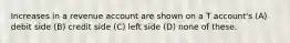 Increases in a revenue account are shown on a T account's (A) debit side (B) credit side (C) left side (D) none of these.