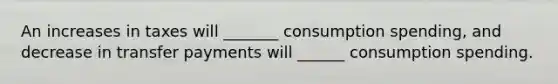 An increases in taxes will _______ consumption spending, and decrease in transfer payments will ______ consumption spending.