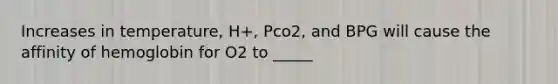 Increases in temperature, H+, Pco2, and BPG will cause the affinity of hemoglobin for O2 to _____