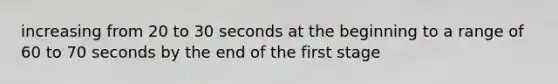 increasing from 20 to 30 seconds at the beginning to a range of 60 to 70 seconds by the end of the first stage