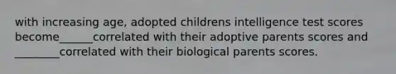 with increasing age, adopted childrens intelligence test scores become______correlated with their adoptive parents scores and ________correlated with their biological parents scores.