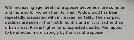 With increasing age, death of a spouse becomes more common, and more so for women than for men. Widowhood has been repeatedly associated with increased mortality. The sharpest declines are seen in the first 6 months and in rural rather than urban areas. Risk is higher for unexpected deaths. Men appear to be affected more strongly by the loss of a spouse.