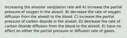 Increasing the alveolar ventilation rate will A) increase the partial pressure of oxygen in the alveoli. B) decrease the rate of oxygen diffusion from the alveoli to the blood. C) increase the partial pressure of carbon dioxide in the alveoli. D) decrease the rate of carbon dioxide diffusion from the blood to the alveoli. E) have no effect on either the partial pressure or diffusion rate of gases.