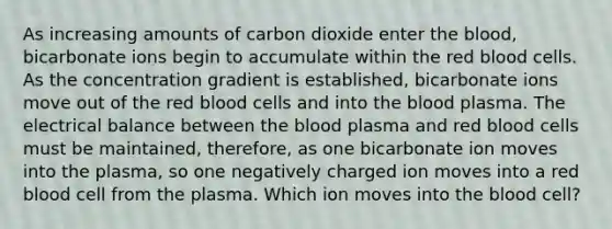 As increasing amounts of carbon dioxide enter <a href='https://www.questionai.com/knowledge/k7oXMfj7lk-the-blood' class='anchor-knowledge'>the blood</a>, bicarbonate ions begin to accumulate within the red blood cells. As the concentration gradient is established, bicarbonate ions move out of the red blood cells and into the blood plasma. The electrical balance between the blood plasma and red blood cells must be maintained, therefore, as one bicarbonate ion moves into the plasma, so one negatively charged ion moves into a red blood cell from the plasma. Which ion moves into the blood cell?