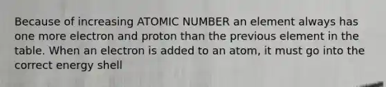 Because of increasing ATOMIC NUMBER an element always has one more electron and proton than the previous element in the table. When an electron is added to an atom, it must go into the correct energy shell