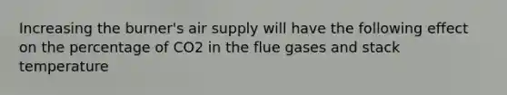 Increasing the burner's air supply will have the following effect on the percentage of CO2 in the flue gases and stack temperature