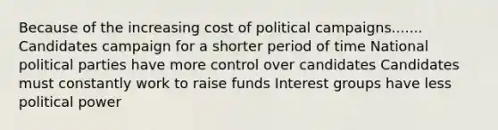 Because of the increasing cost of political campaigns....... Candidates campaign for a shorter period of time National political parties have more control over candidates Candidates must constantly work to raise funds Interest groups have less political power