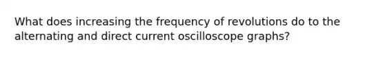 What does increasing the frequency of revolutions do to the alternating and direct current oscilloscope graphs?