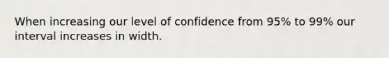 When increasing our level of confidence from 95% to 99% our interval increases in width.