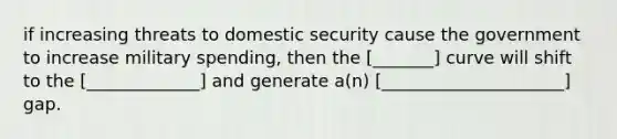 if increasing threats to domestic security cause the government to increase military spending, then the [_______] curve will shift to the [_____________] and generate a(n) [_____________________] gap.