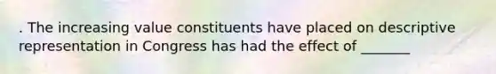 . The increasing value constituents have placed on descriptive representation in Congress has had the effect of _______