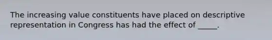 The increasing value constituents have placed on descriptive representation in Congress has had the effect of _____.