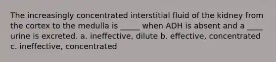 The increasingly concentrated interstitial fluid of the kidney from the cortex to the medulla is _____ when ADH is absent and a ____ urine is excreted. a. ineffective, dilute b. effective, concentrated c. ineffective, concentrated