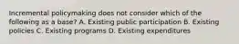 Incremental policymaking does not consider which of the following as a base? A. Existing public participation B. Existing policies C. Existing programs D. Existing expenditures