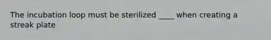 The incubation loop must be sterilized ____ when creating a streak plate