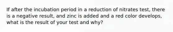 If after the incubation period in a reduction of nitrates test, there is a negative result, and zinc is added and a red color develops, what is the result of your test and why?