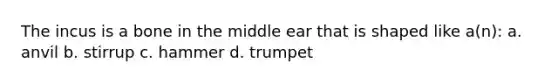 The incus is a bone in the middle ear that is shaped like a(n): a. anvil b. stirrup c. hammer d. trumpet