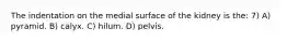 The indentation on the medial surface of the kidney is the: 7) A) pyramid. B) calyx. C) hilum. D) pelvis.