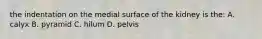 the indentation on the medial surface of the kidney is the: A. calyx B. pyramid C. hilum D. pelvis