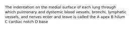 The indentation on the medial surface of each lung through which pulmonary and dystemic blood vessels, bronchi, lymphatic vessels, and nerves enter and leave is called the A apex B hilum C cardiac notch D base