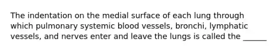 The indentation on the medial surface of each lung through which pulmonary systemic <a href='https://www.questionai.com/knowledge/kZJ3mNKN7P-blood-vessels' class='anchor-knowledge'>blood vessels</a>, bronchi, <a href='https://www.questionai.com/knowledge/ki6sUebkzn-lymphatic-vessels' class='anchor-knowledge'>lymphatic vessels</a>, and nerves enter and leave the lungs is called the ______